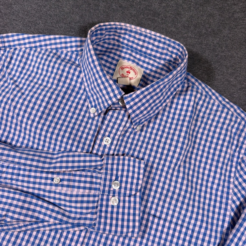 Brooks Brothers Red Fleece Shirt Mens M Blue Gingham Long Sleeve Button Down